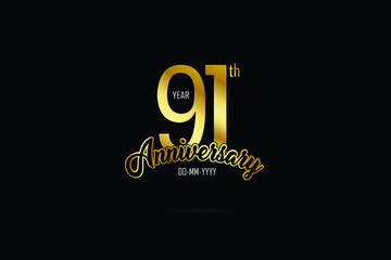 91 years anniversary celebration logotype. anniversary logo with golden color isolated on black background - Vector