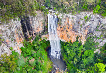 Aerial view over Purling Brook Falls, located in Springbrook National Park, Gold Coast hinterland