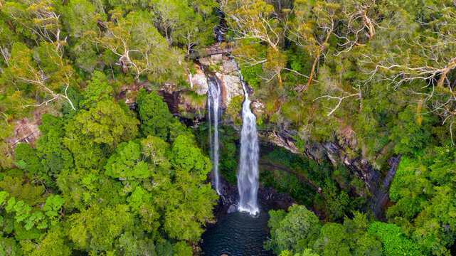 Aerial View Over Twin Falls, Located In Springbrook National Park, Gold Coast Hinterland