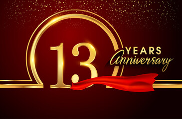13th anniversary logo with confetti and golden ring, red ribbon isolated on red background, vector design for greeting card and invitation card.