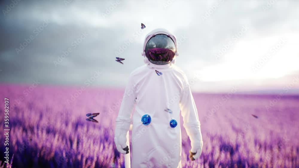 Poster astronaut with butterflies in lavender field. concept of future. broadcast. realistic 4k animation.