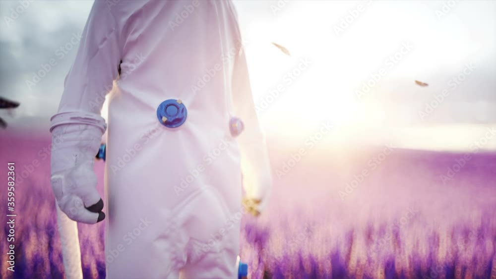 Poster astronaut with butterflies in lavender field. concept of future. broadcast. realistic 4k animation.