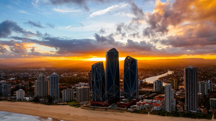 Aerial sunset view over Surfers Paradise and beach, with the Jewel buildings