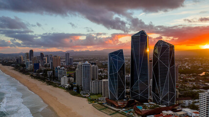 Aerial sunset view over Surfers Paradise and beach, with the Jewel buildings - obrazy, fototapety, plakaty