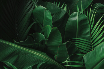 Creative tropical green leaves banana,palm, monstera and fean layout. Nature spring concept. Flat...