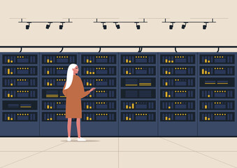 Data center, server room, young female character standing next to a hard drive rack, new technologies