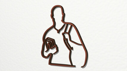man made by 3D illustration of a shiny metallic sculpture on a wall with light background