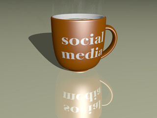 coffee mug with the 3D illustration of social media  on a mirroring floor