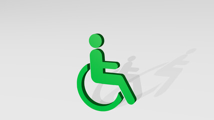 disabled symbol of wheelchair on the wall. 3D illustration of metallic sculpture over a white background with mild texture. flat and icon