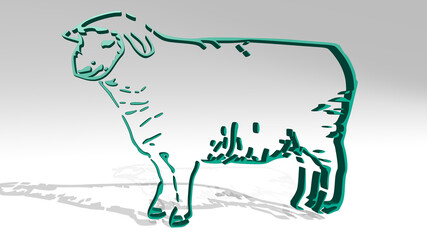sheep on the wall. 3D illustration of metallic sculpture over a white background with mild texture. animals and beautiful