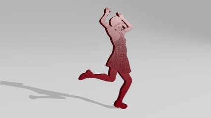 girl dancing from a perspective on the wall. A thick sculpture made of metallic materials of 3D rendering. illustration and woman