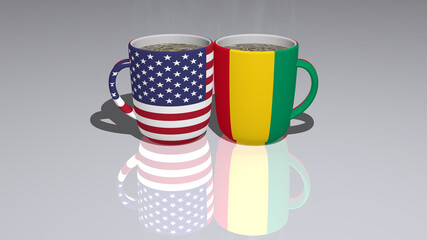 United States Of America And Guinea placed on a cup of hot coffee in a 3D illustration with realistic perspective and shadows mirrored on the floor