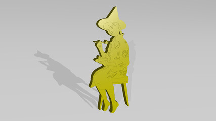 GIRL WITH WIZARD HAT made by 3D illustration of a shiny metallic sculpture on a wall with light background. santa and magician