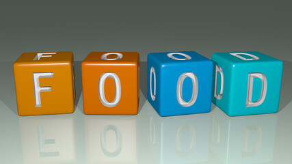Food arranged by cubic letters on a mirror floor, ideal for concept meaning and presentations