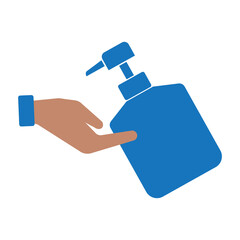 Vector gel and hand icon. Sanitizer or soap in a bottle. A symbol of hygiene and cleanliness. Dispenser with antiseptic