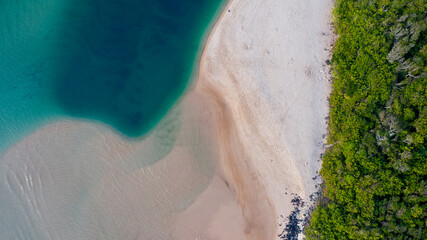 Top down aerial view of Tallebudgera beach and creek with Burleigh headland