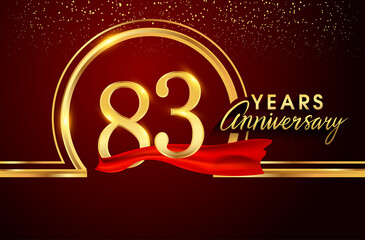 Naklejka premium 83rd anniversary logo with confetti and golden ring, red ribbon isolated on red background, vector design for greeting card and invitation card.