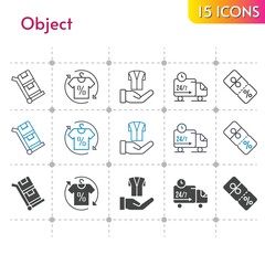 object icon set. included shirt, jacket, discount, delivery truck, trolley icons on white background. linear, bicolor, filled styles.