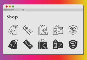 shop icon set. included shopping bag, price tag, discount, warranty icons on white background. linear, filled styles.