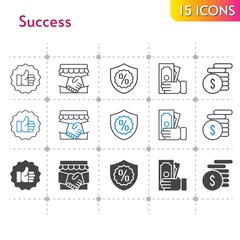 success icon set. included handshake, money, like, warranty icons on white background. linear, bicolor, filled styles.