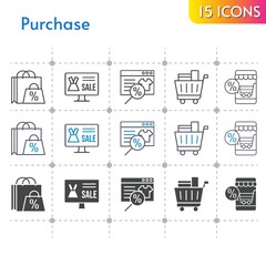 purchase icon set. included shopping bag, online shop, shopping cart icons on white background. linear, bicolor, filled styles.