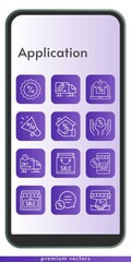 application icon set. included handshake, online shop, megaphone, shopping bag, mortgage, shop, chat, discount, delivery truck icons on phone design background . linear styles.