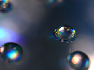 blurred water droplets with blue light on black backgronud, dark and shiny , abstract background, macro image for card design