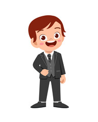 happy cute kid boy wear suit blazer tuxedo