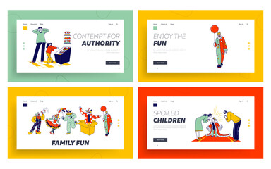 Big Top Circus Clowns and Spoiled Child Landing Page Template Set. Funny Carnival Funsters Characters , Jesters in Bright Costumes, Parents Little Indulge Children. Linear People Vector Illustration