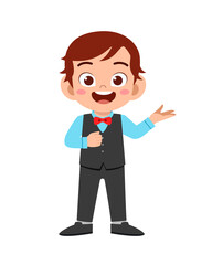 happy cute kid boy wear suit blazer tuxedo