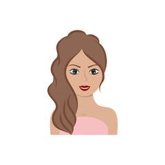 Face of a beautiful girl with big eyes, red lipstick and styling on her head. A girl with long hair. Vector cartoon illustration. Drawing for a beauty salon, hair salon, Spa Studio.