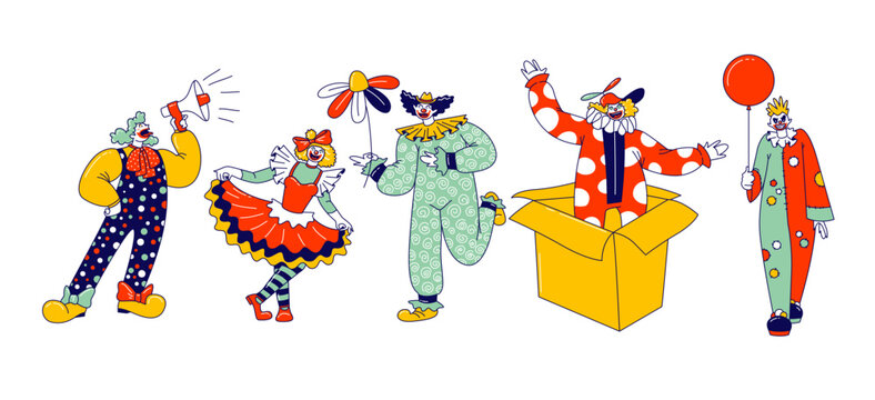 Big Top Circus Clown Characters. Male and Female Funny Carnival Funsters or Jesters in Bright Costumes, Periwig, Makeup and Fake Nose Performing Show on Circus Stage. Linear People Vector Illustration