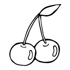 two cherries on a branch with a leaf