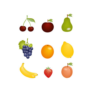 A set of drawings of fruits and berries isolated on a white background. Clipart orange, grape, cherry and Apple. Exotic fruits and cooking, baking. Logo of a cookery, cafe or restaurant.