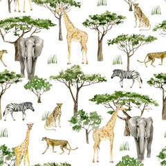 Watercolor wild Africa animal seamless pattern. Savannah Cheetah, Zebra, Elephant, Giraffe and tree. Nature Africa for nursery decor, baby shower, wrapping paper, textile fabric, wallpaper.