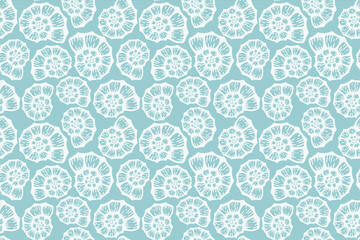 Fototapeta na wymiar Seashell beach summer blue pattern. Vector seamless background. Simple elegant ocean sea shell fabric texture. Water colour design. Graphic illustration