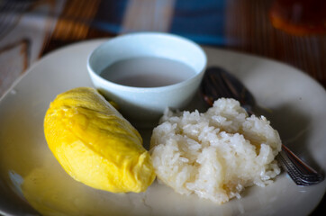 Durian with rice milk and coconut milk for breakfast.