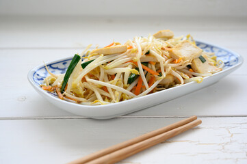 Stir Fried Bean Sprouts with tofu and scallion. Asian vegetable stir fry