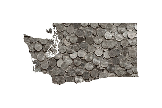 Washington State Map Outline and Pile of Silver Nickels, Money Concept