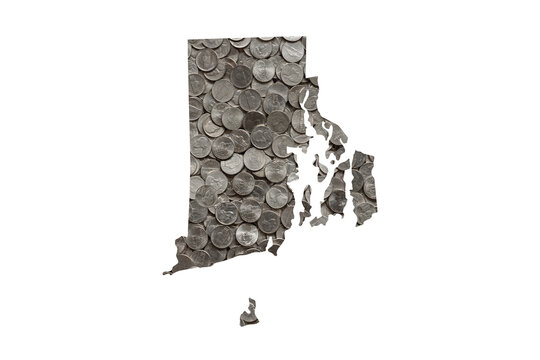 Rhode Island State Map Outline and Pile of Nickels, Money Concept