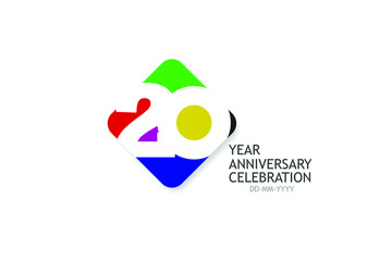 20 year anniversary Billboard Style, minimalist logo years, jubilee 4 colors Black, red, yellow, green and purple, greeting card. invitation - Vector