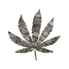Marijuana Leaf Outline and Pile of Nickels, Money Concept