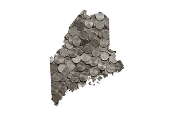 Maine State Map Outline and Piles of Nickels, Money Concept