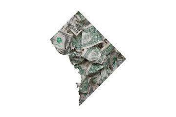 District of Columbia, Washington D.C. State Map and Waste of Money Concept, Crumpled Hundred Dollar...