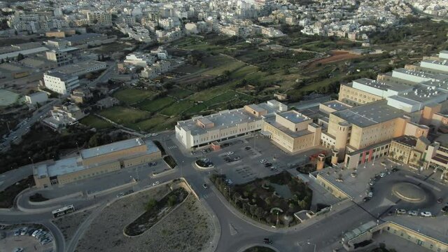 Drone Aerial Shot High Above Materi Dei - Main Hopsital in Malta