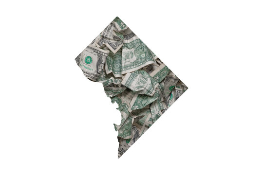 District of Columbia, Washington D.C. State Map and Waste of Money Concept, Crumpled Hundred Dollar Bills