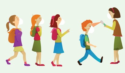 Measuring temperature in kindergarten, children standing in row, back to school concept, schooling after coronavirus.
