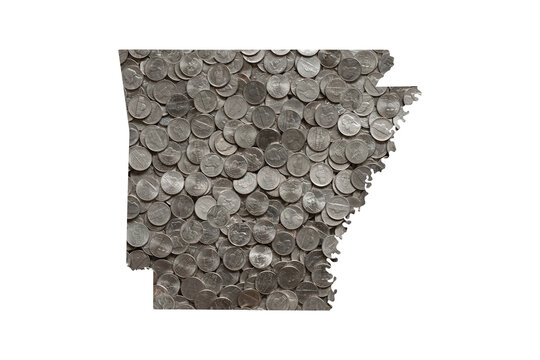 Arkansas State Map Outline with Piles of Nickels, Money Concept