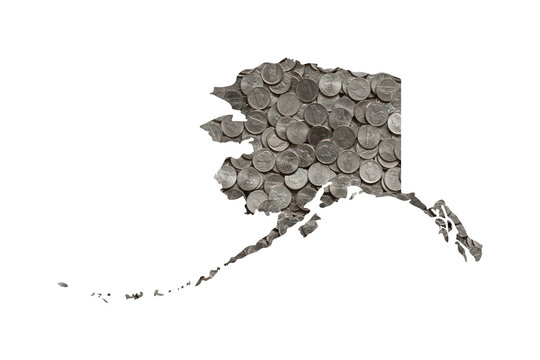 Alaska State Map Outline and Piles of Nickels, Money Concept
