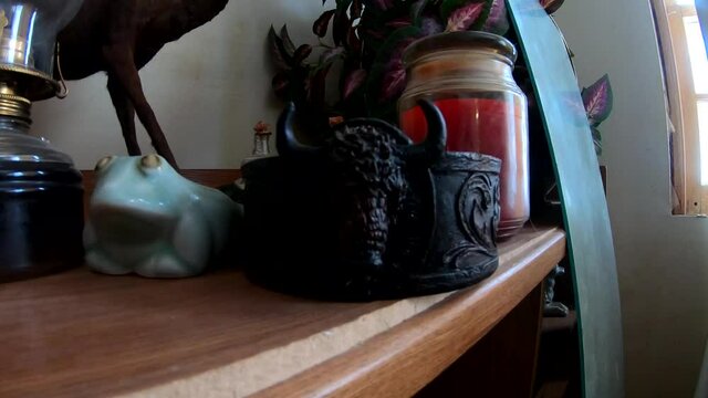 Dark bowl with a bul head on it itting on a shelf with out asorted objects.